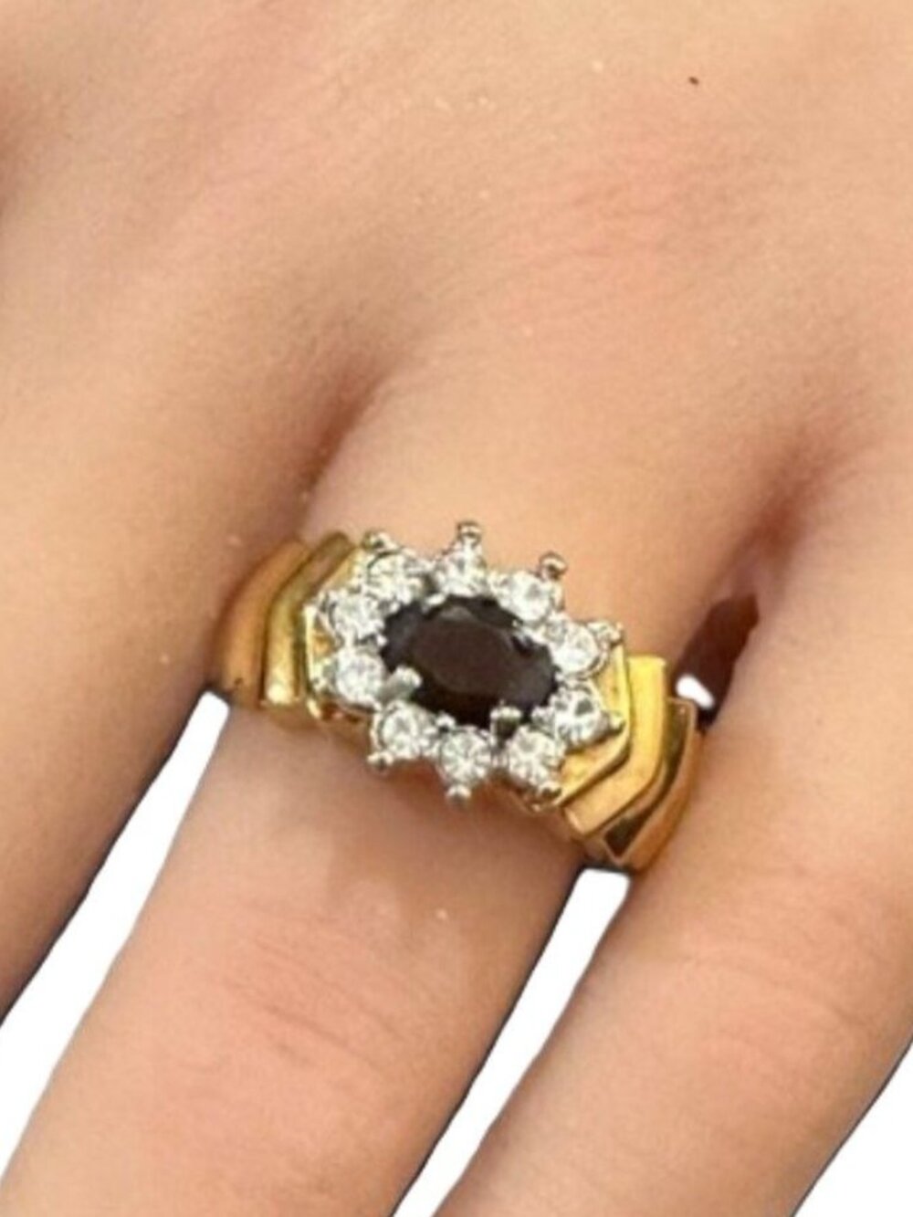 Vintage Cocktail Ring Gold Tone Oval Garnet Halo Clear Stones Size 8 Womens
